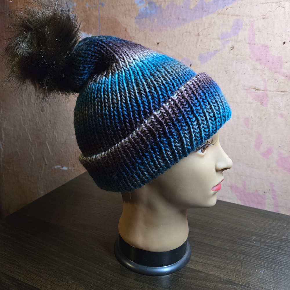 Stylish Blue and Brown Knit Pom-Pom Hat